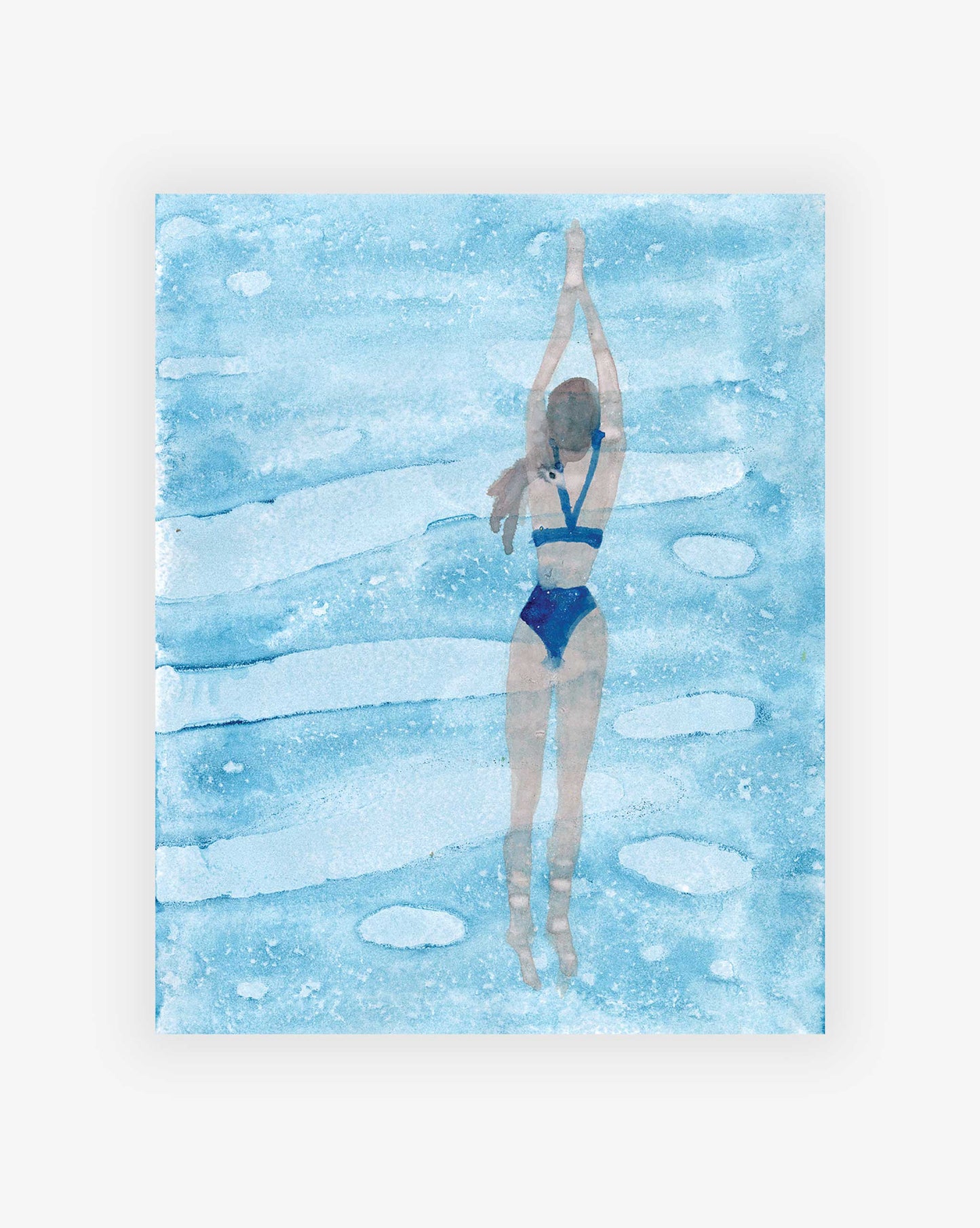 A Dive Print depicts a female swimmer in a blue swimsuit, seen from above, gracefully moving through rippling blue water.