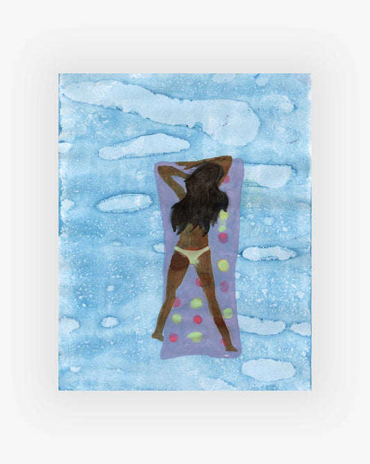 Person lying on a Floating Nap Print in the water, viewed from above against a blue background, reminiscent of an original artwork by Shanan Campanaro for Eskayel.