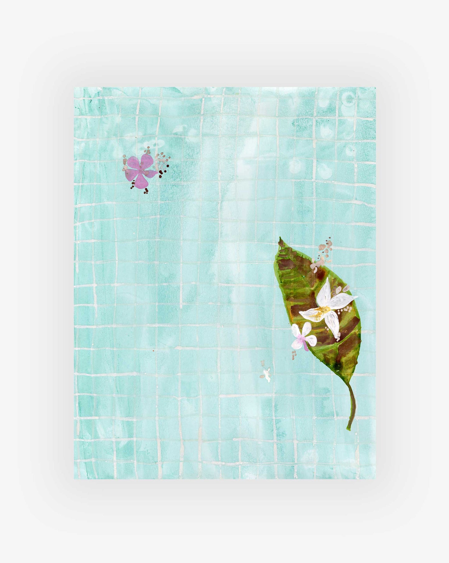 a blue grid background with flowers and leaf on top.