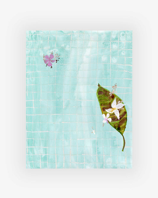 a blue grid background with flowers and leaf on top.