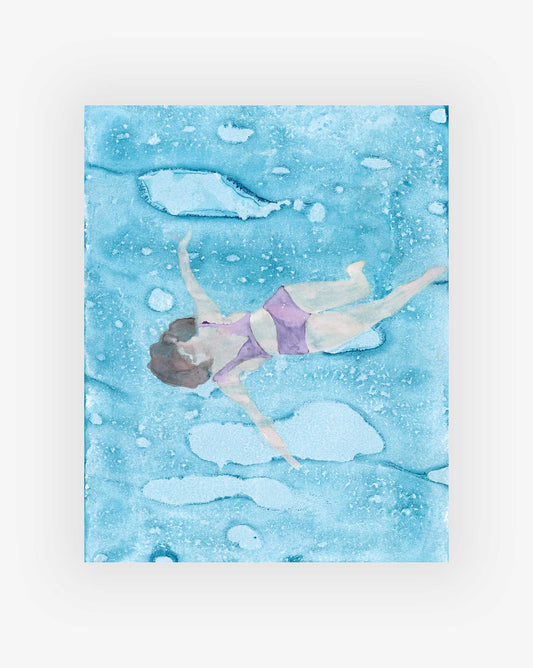 Illustration of a person in a purple swimsuit floating on their back in a watercolor-painted blue pool, reminiscent of Kick and Float Print.