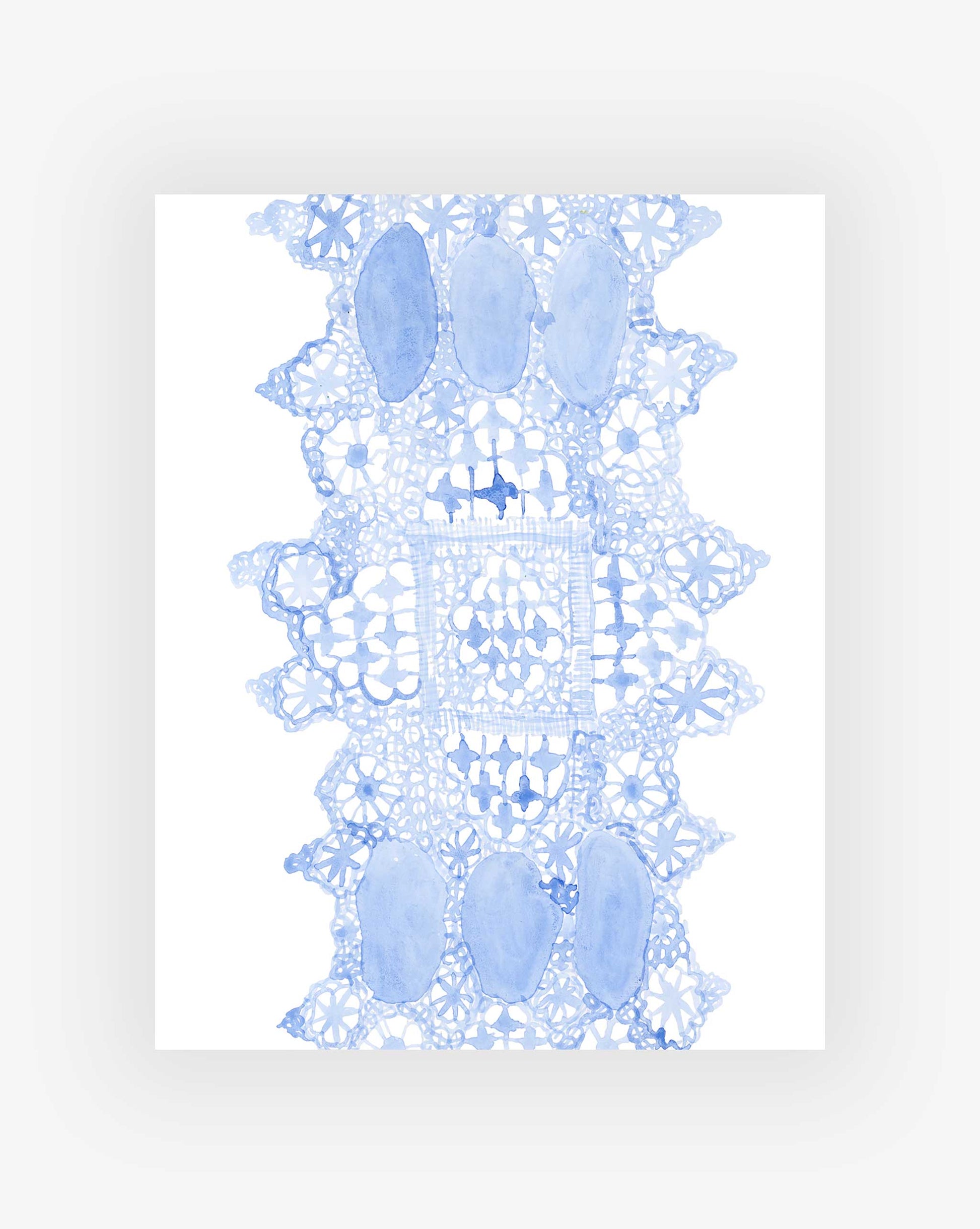 Lace Print|| features a watercolor illustration of a rectangular blue lace doily with detailed floral patterns and five oval shapes, inspired by original Eskayel and Shanan Campanaro artworks.
