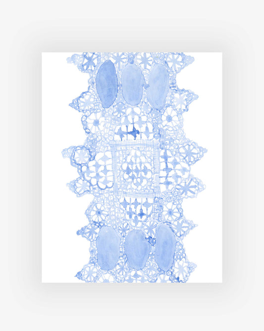 Lace Print|| features a watercolor illustration of a rectangular blue lace doily with detailed floral patterns and five oval shapes, inspired by original Eskayel and Shanan Campanaro artworks.