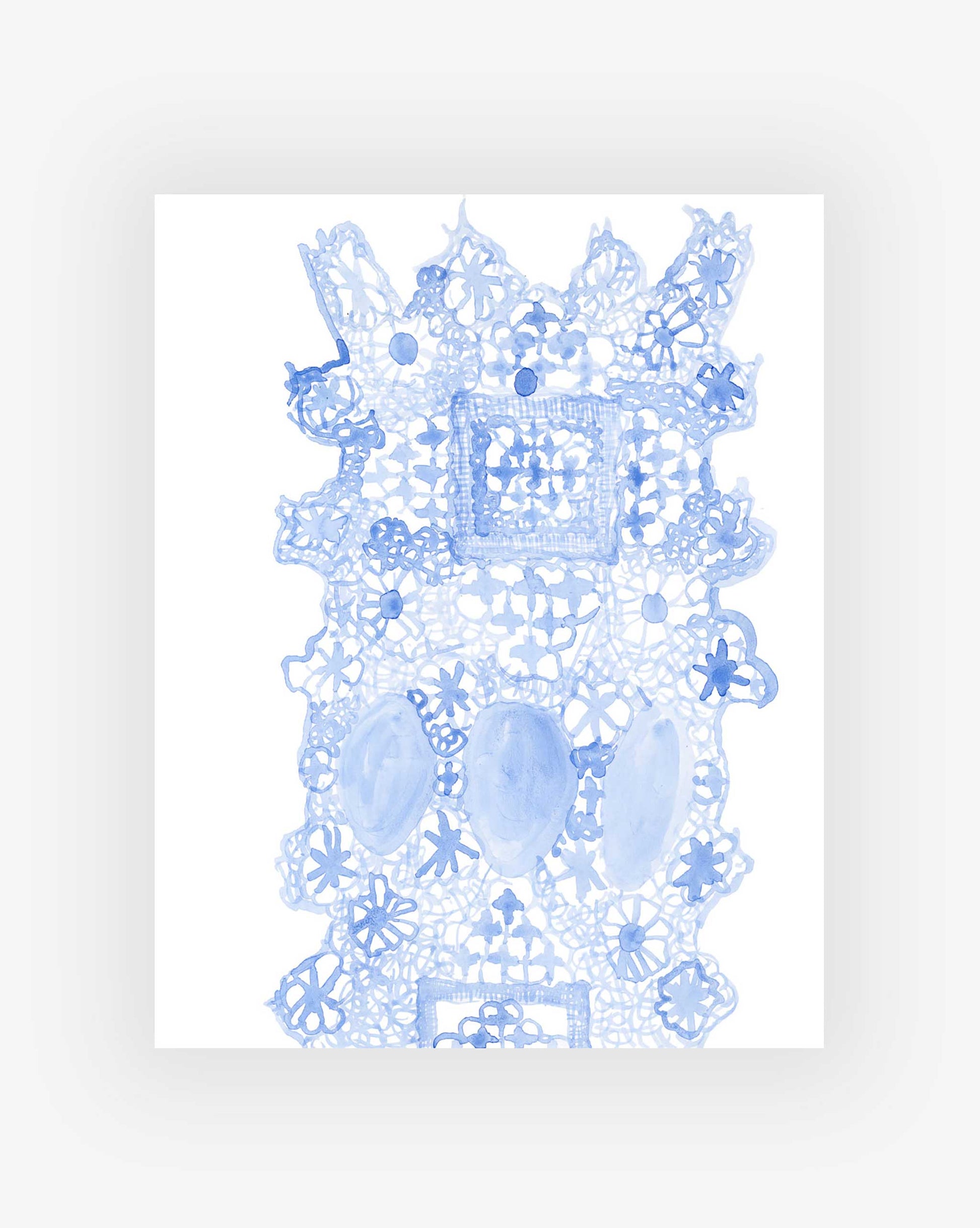 Blue lace pattern on a white background.
