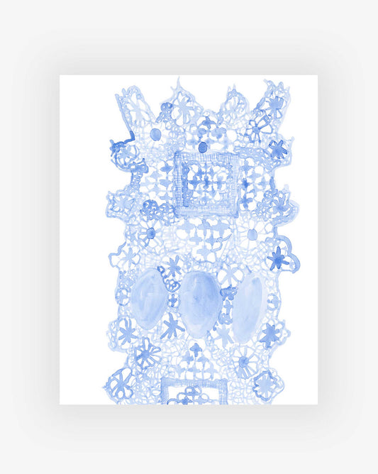 Blue lace pattern on a white background.