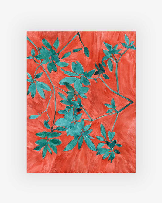 Teal leaves on a vibrant red background.