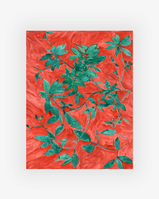 A green leaf pattern on a rich red background.