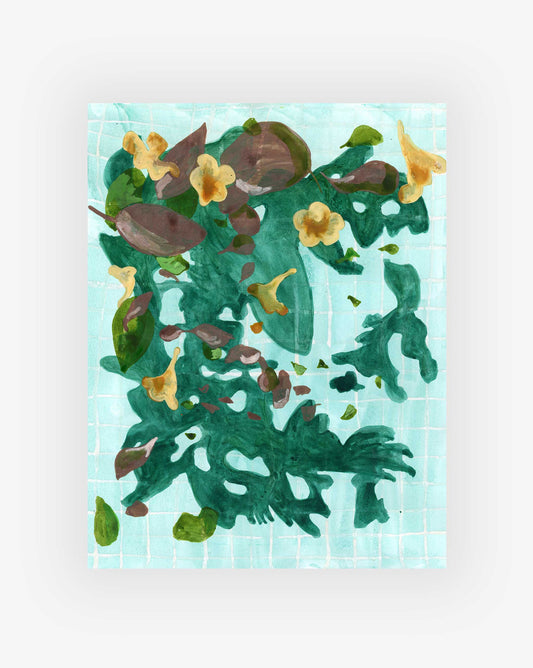 Green and brown leaves with yellow flowers floating on a light blue background.