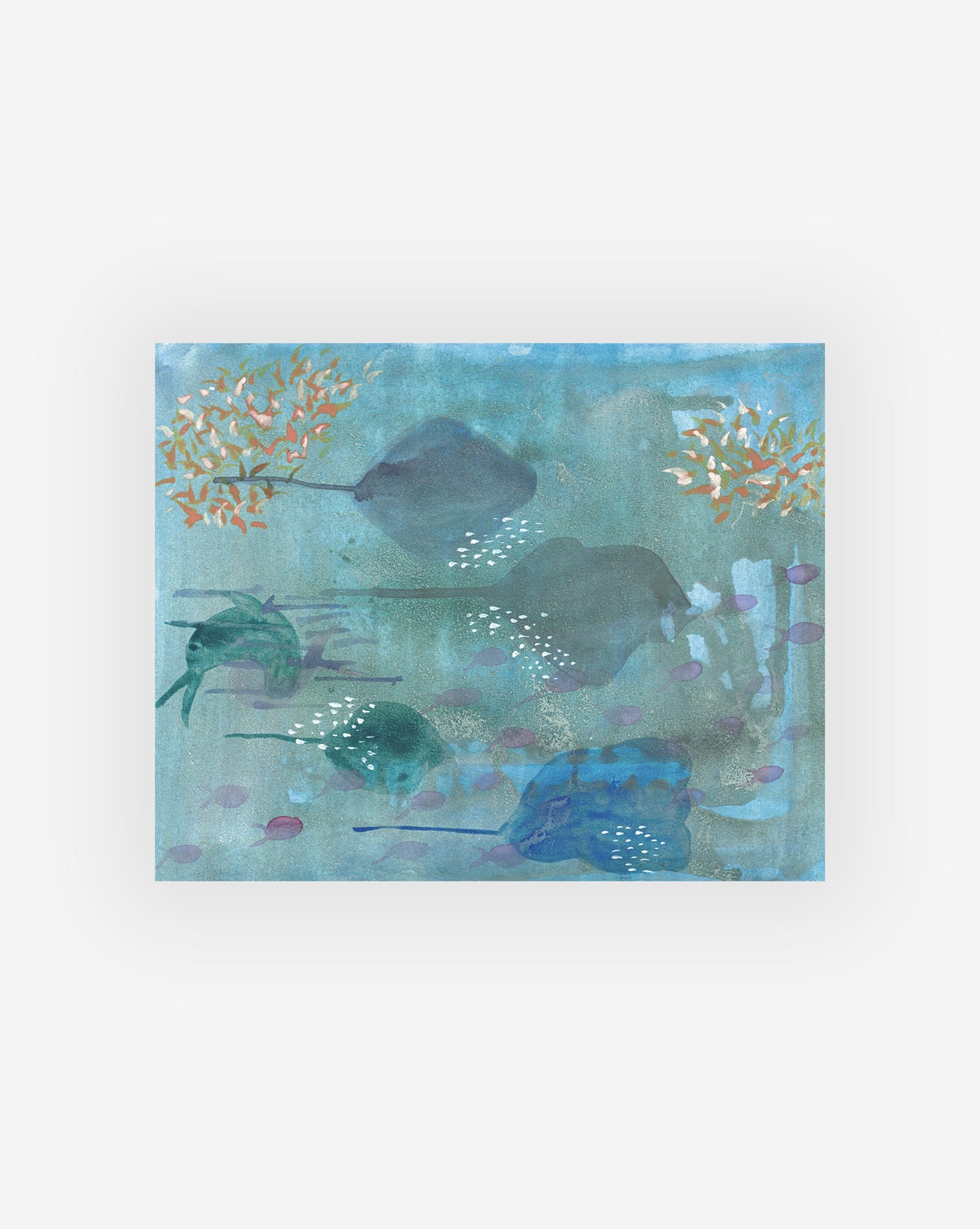 The "Rays Print" by Eskayel artist Shanan Campanaro captures stingrays gliding underwater, accompanied by a cluster of small orange fish and aquatic plants. The background is a harmonious blend of blue and green with subtle purple accents.