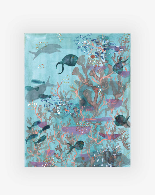 The Reef Print features an underwater sea scene with various fish, marine plants, and corals against a blue-green background, evoking the captivating style of Shanan Campanaro and her original artworks for Eskayel.
