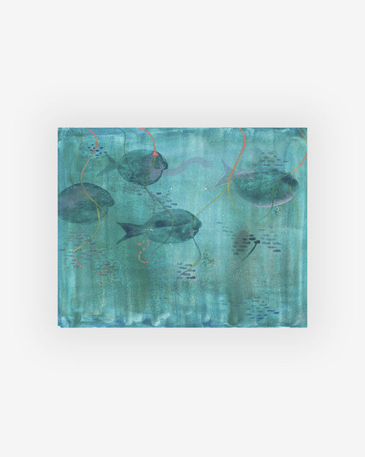 The Shoal Print by artist Shanan Campanaro features abstract, blue-toned fish swimming amidst colorful, wavy lines on a teal background. This stunning piece exemplifies her original artworks.
