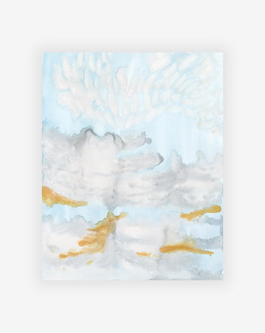 Sky 4:30pm Print: An abstract watercolor painting with hints of blue, gray, and yellow, resembling a cloudy sky with scattered yellowish patches. This original artwork is by the renowned artist Shanan Campanaro.