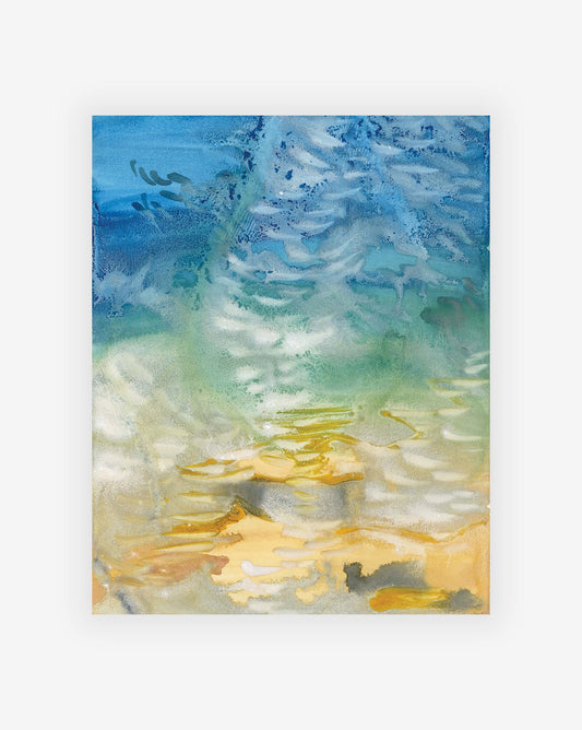 A square painting titled "Sky 5:00am Print" by artist Shanan Campanaro captures an abstract scene where blue, green, and yellow hues blend together to evoke a sense of water and light. This original artwork from the Eskayel founder mesmerizes with its interplay of colors.