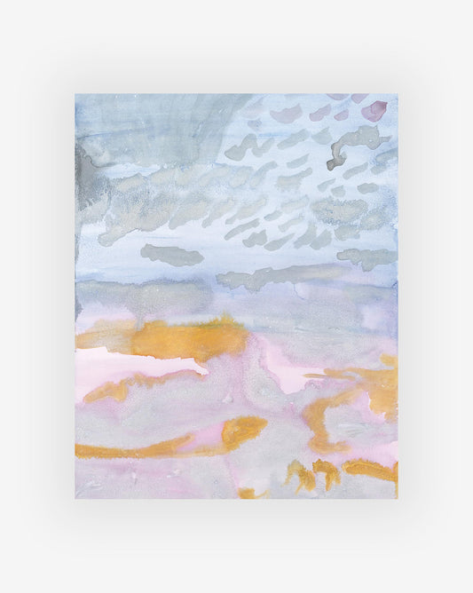 A watercolor painting by artist Shanan Campanaro, titled "Sky 5:00pm Print," showcases an abstract landscape with soft hues of blue, pink, and orange blending into one another, suggesting a horizon line under a cloud-filled sky. This original artwork captures the ethereal beauty of nature.