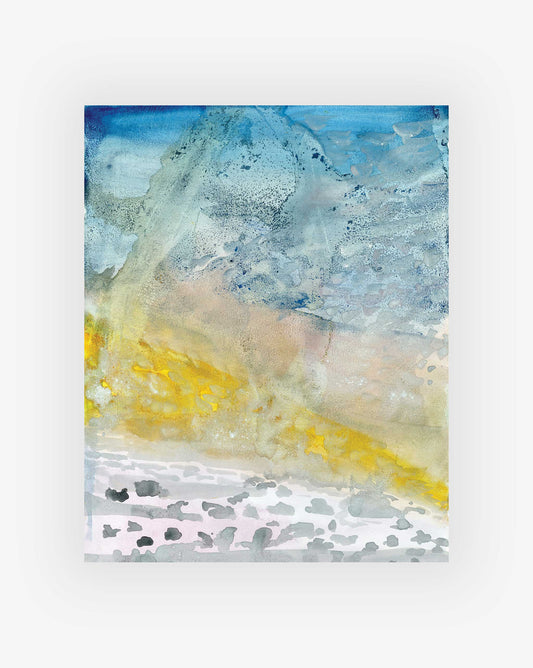 The "Sky 5:30am Print" is an abstract painting showcasing a harmonious blend of blue, yellow, and gray tones. The textured brushstrokes evoke the essence of a landscape, mirroring the distinct style found in original artworks by prominent artists like the Eskayel founder.