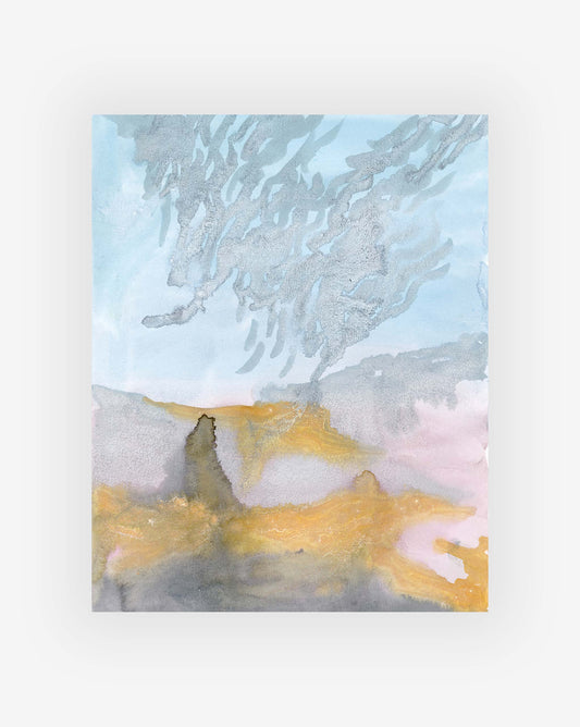 Sky 5:30pm Print by Shanan Campanaro, showcasing swirling blue and gray patterns above a blend of golden, green, and pink tones. This print captures the essence of nature with its fluid forms and vibrant palette in a landscape-like composition.