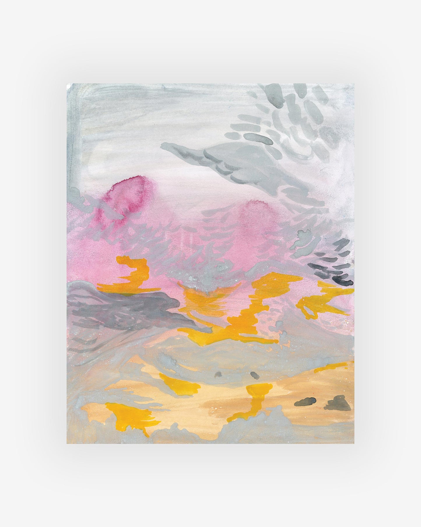 Sky 6:00pm Print by Shanan Campanaro features fluid, wave-like patterns in soft hues of pink, grey, yellow, and orange.