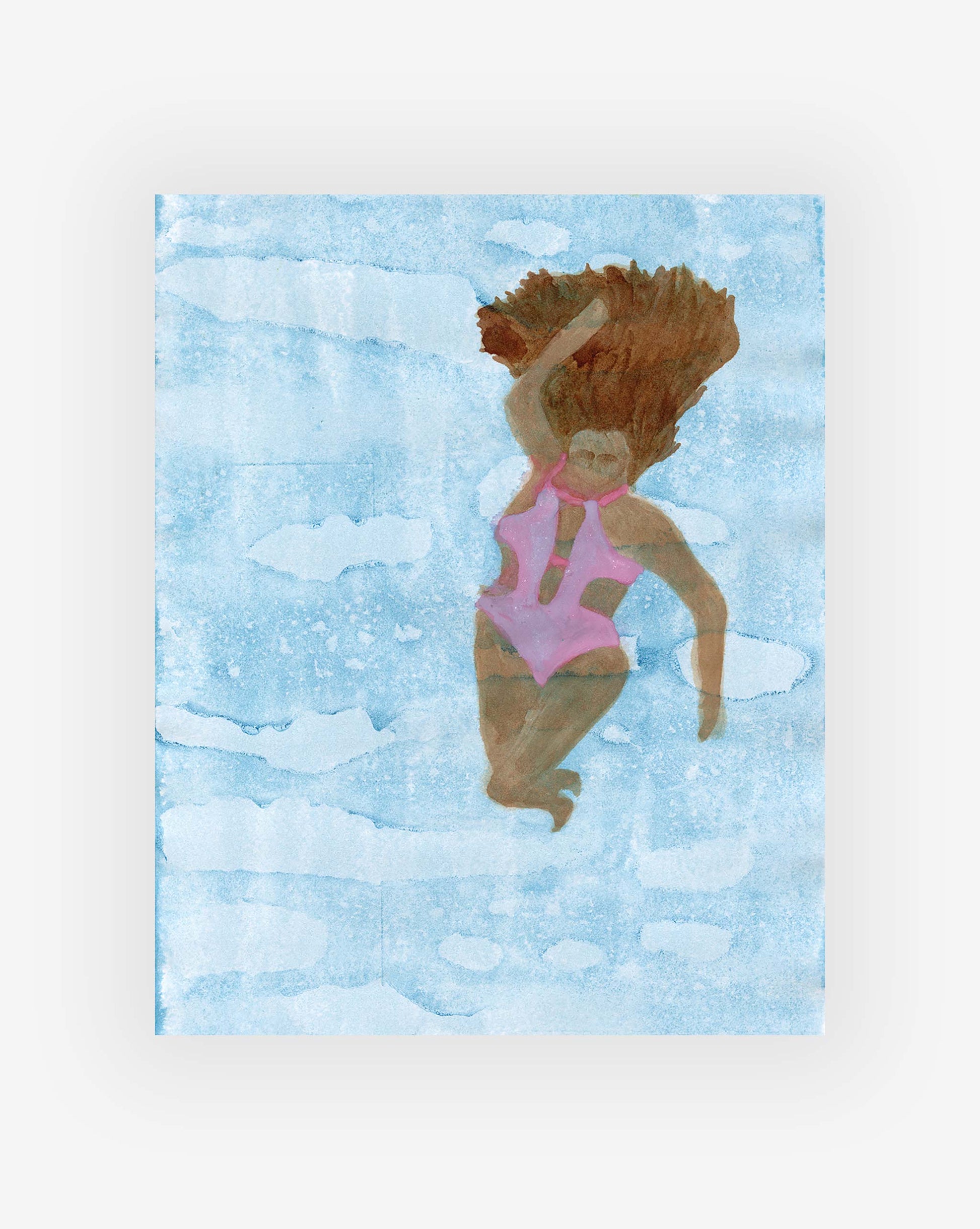 A watercolor painting by artist Shanan Campanaro depicts a person swimming in a pool, wearing a pink swimsuit. The blue water, skillfully rendered, shows light reflections and gentle waves, capturing the serene beauty Swim Print is known for.