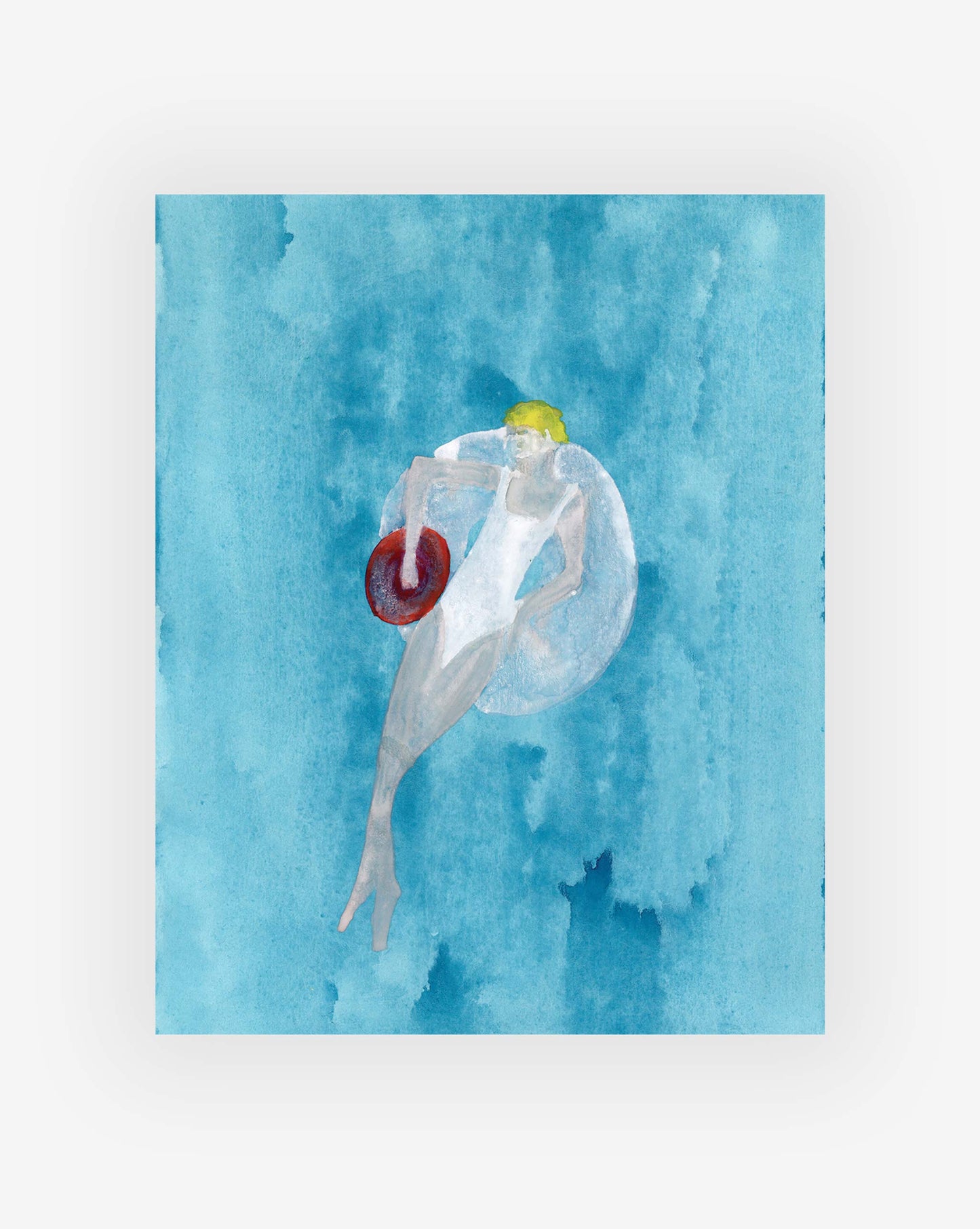 A watercolor painting by artist Shanan Campanaro shows a person in a swimsuit floating on a pool ring in blue water with a red circular object, embodying her signature style and original artworks, White Donut Print.