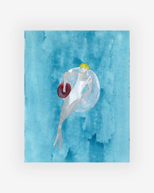 A watercolor painting by artist Shanan Campanaro shows a person in a swimsuit floating on a pool ring in blue water with a red circular object, embodying her signature style and original artworks, White Donut Print.