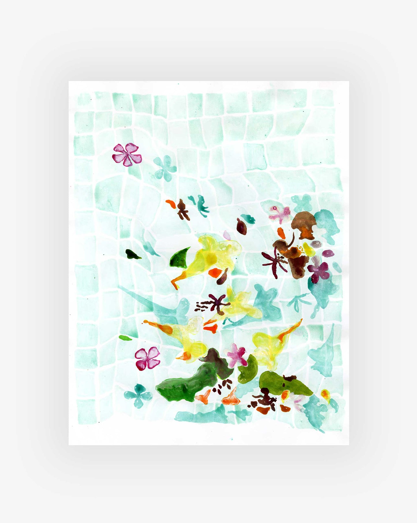 Leaves and flowers floating on a light blue and white grid background.