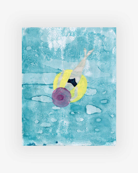 An original artwork by Eskayel founder Shanan Campanaro illustrates a watercolor scene of a person floating in a blue pool on a Yellow Donut Print, wearing a purple hat and black swimwear.