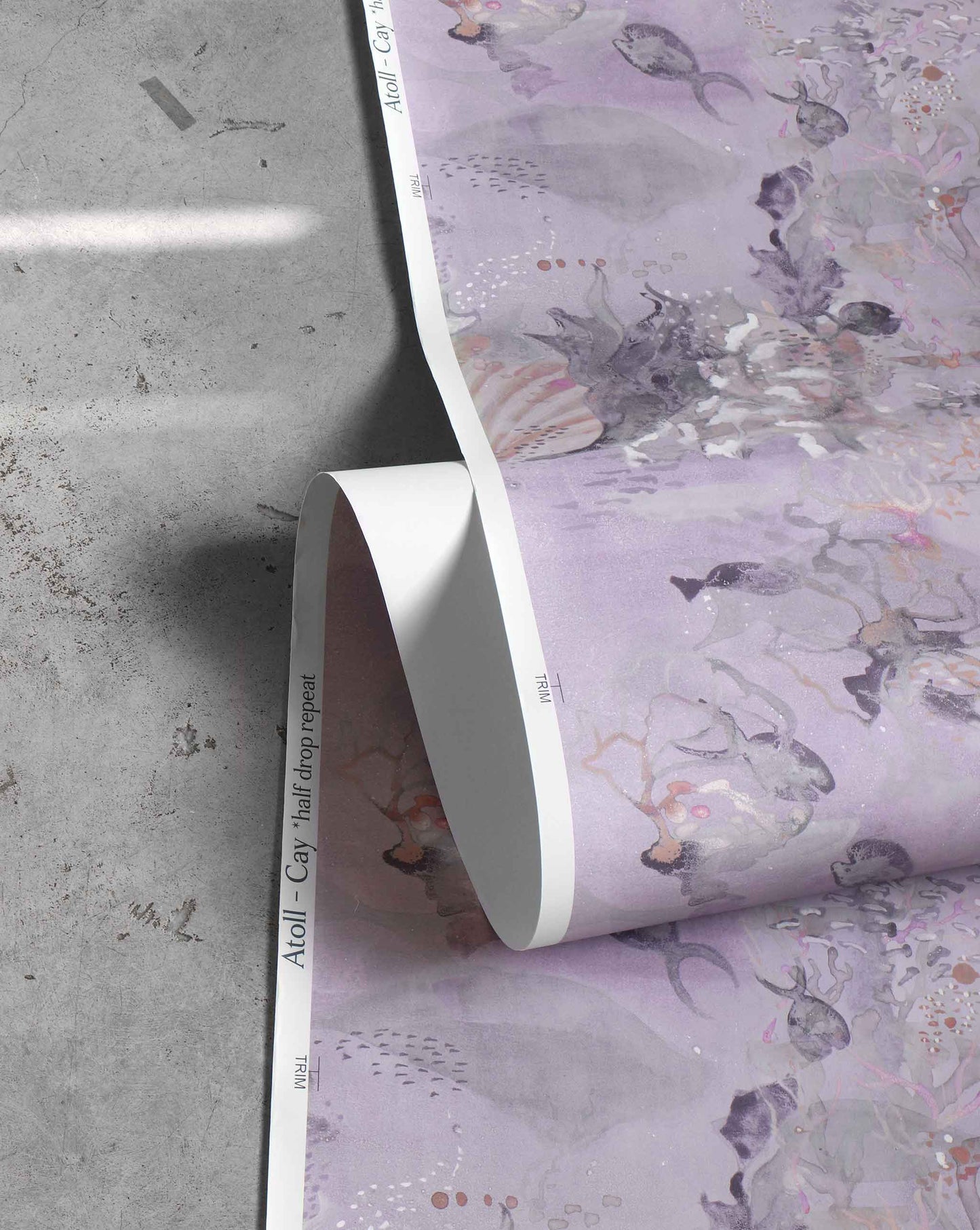 Eskayels Atoll Wallpaper in Cay with a purple and pink pattern coral, shells, and fish.