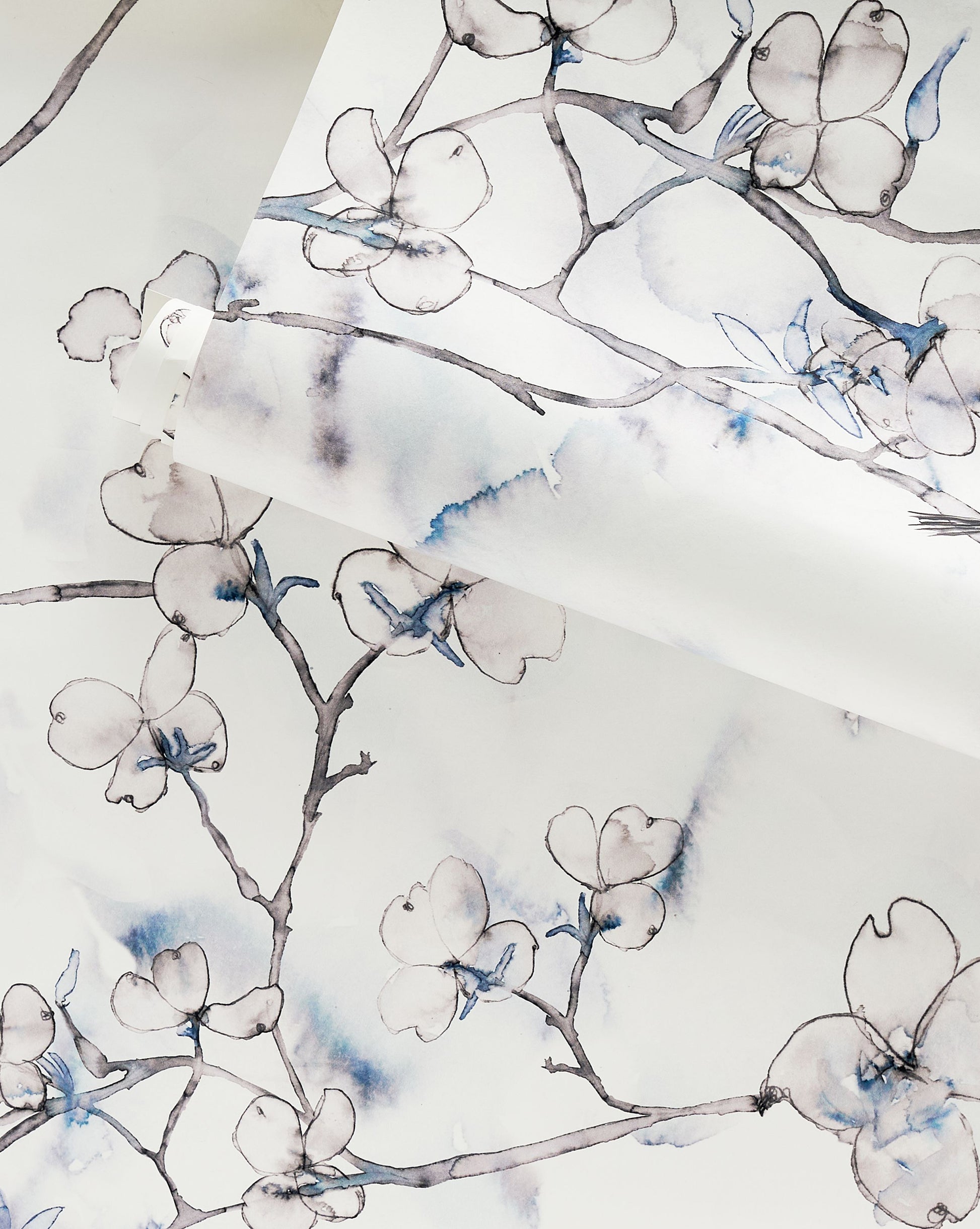 A custom luxury Dogwood Dreams Wallpaper||Indigo with blue and white flowers on it in the Indigo colorway.