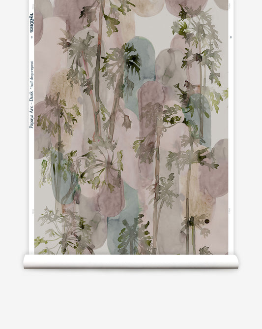 Featuring watercolor studies of a tropical tree, Papaya Arc wallpaper in our Dusk colorway juxtaposes avocado green with muted pinks