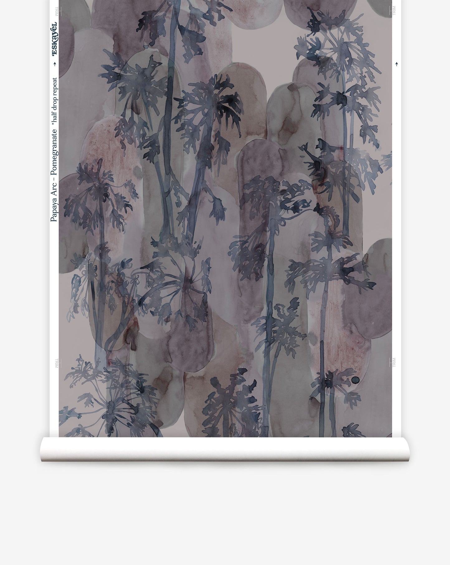 Depicting watercolor studies of a tropical tree, Papaya Arc wallpaper in our Pomegranate colorway features blue, purple and grey.