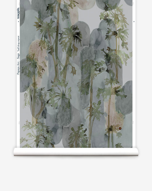 Depicting watercolor studies of a tropical tree, Papaya Arc wallpaper in our Sage colorway features green and shades of grey.
