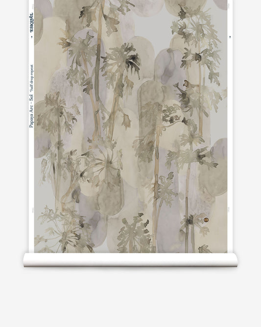 Depicting watercolor studies of a tropical tree, Papaya Arc wallpaper in our Sol colorway features neutrals from taupe to tan