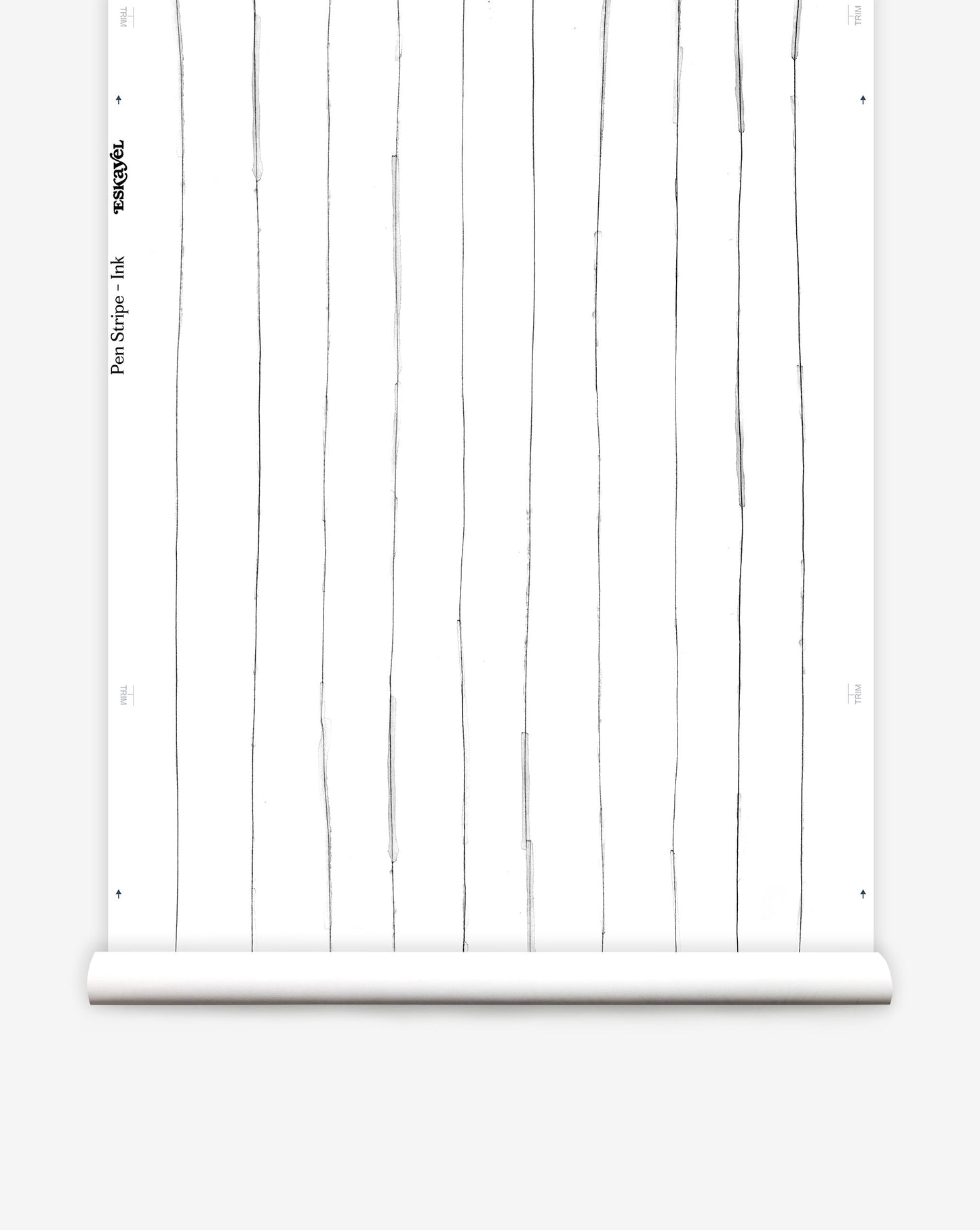A linear wallpaper pattern inverts tradition with hand-inked stripes Pen Stripe in Ink is black on white