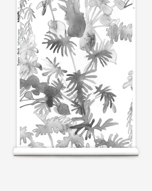 Topiary custom wallpaper in Birch features houseplants silhouetted in shades of grey and black
