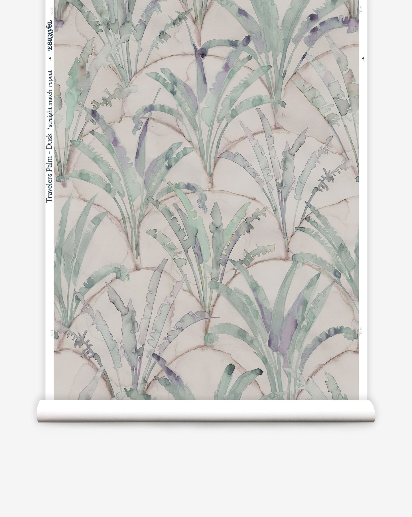 Travelers Palm presents repeating trees against a background of overlapping scallops. The Dusk colorway is mainly green and beige.