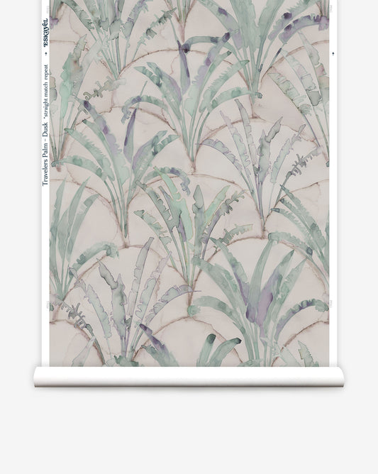Travelers Palm presents repeating trees against a background of overlapping scallops The Dusk colorway is mainly green and beige
