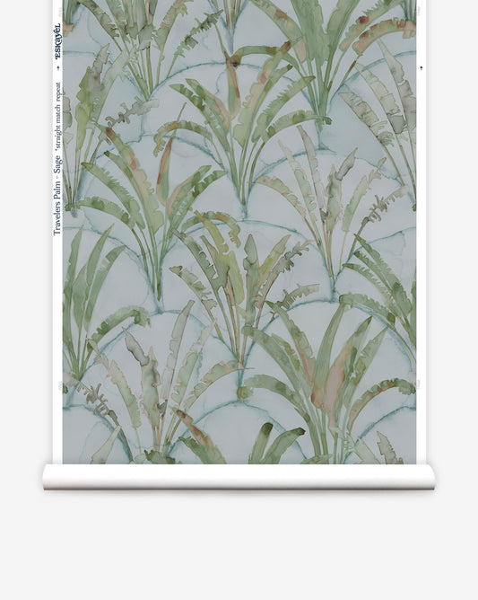 Travelers Palm depicts palm trees over a geometric backdrop of overlapped scallops In Sage, the colorway is green and blue