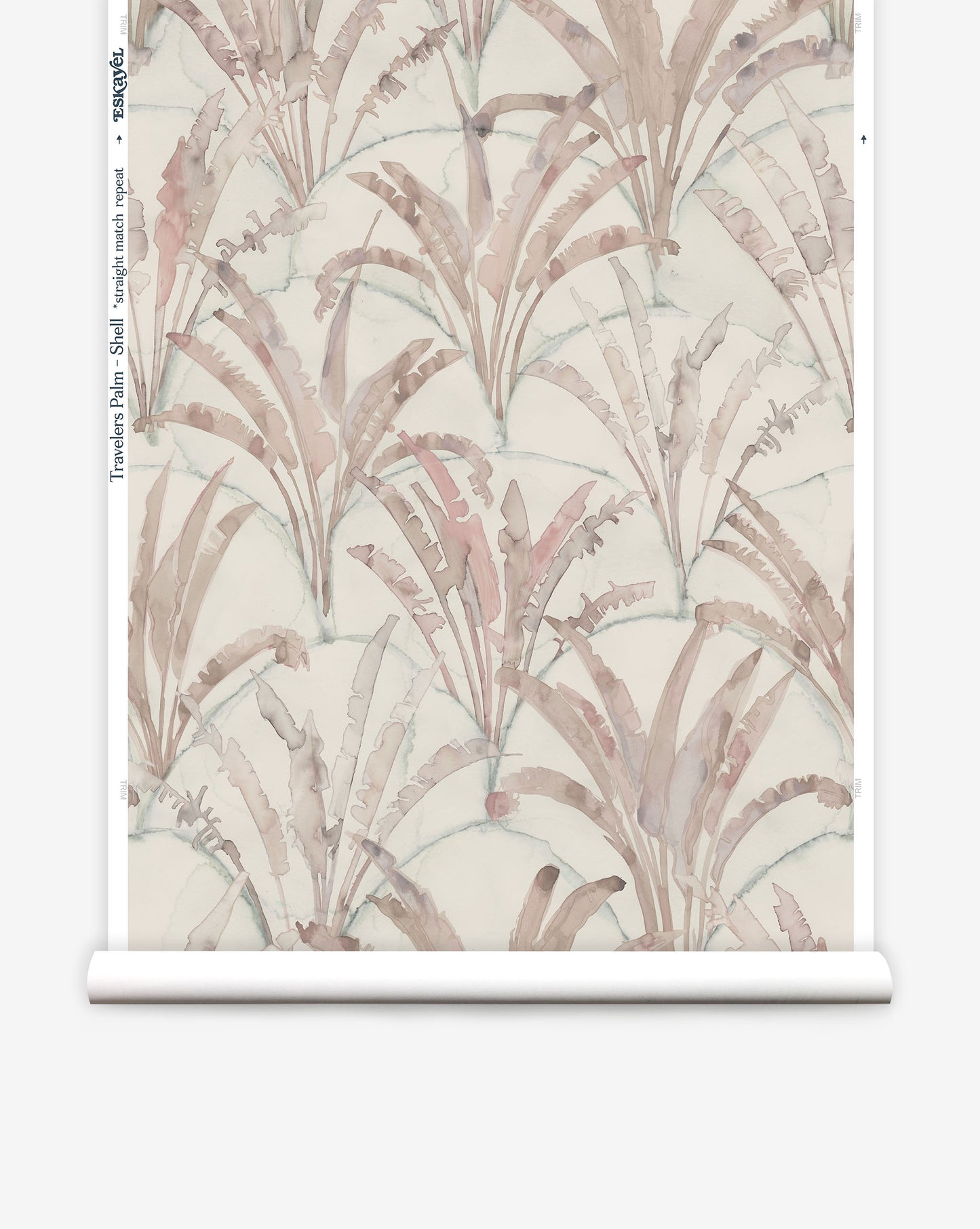 Travelers Palm is a pattern of palm trees on overlapping scallops In Shell, the colorway is dusty rose on beige