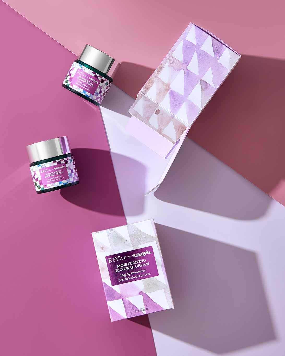 Eskayels checkered packaging collaboration with ReVive. 