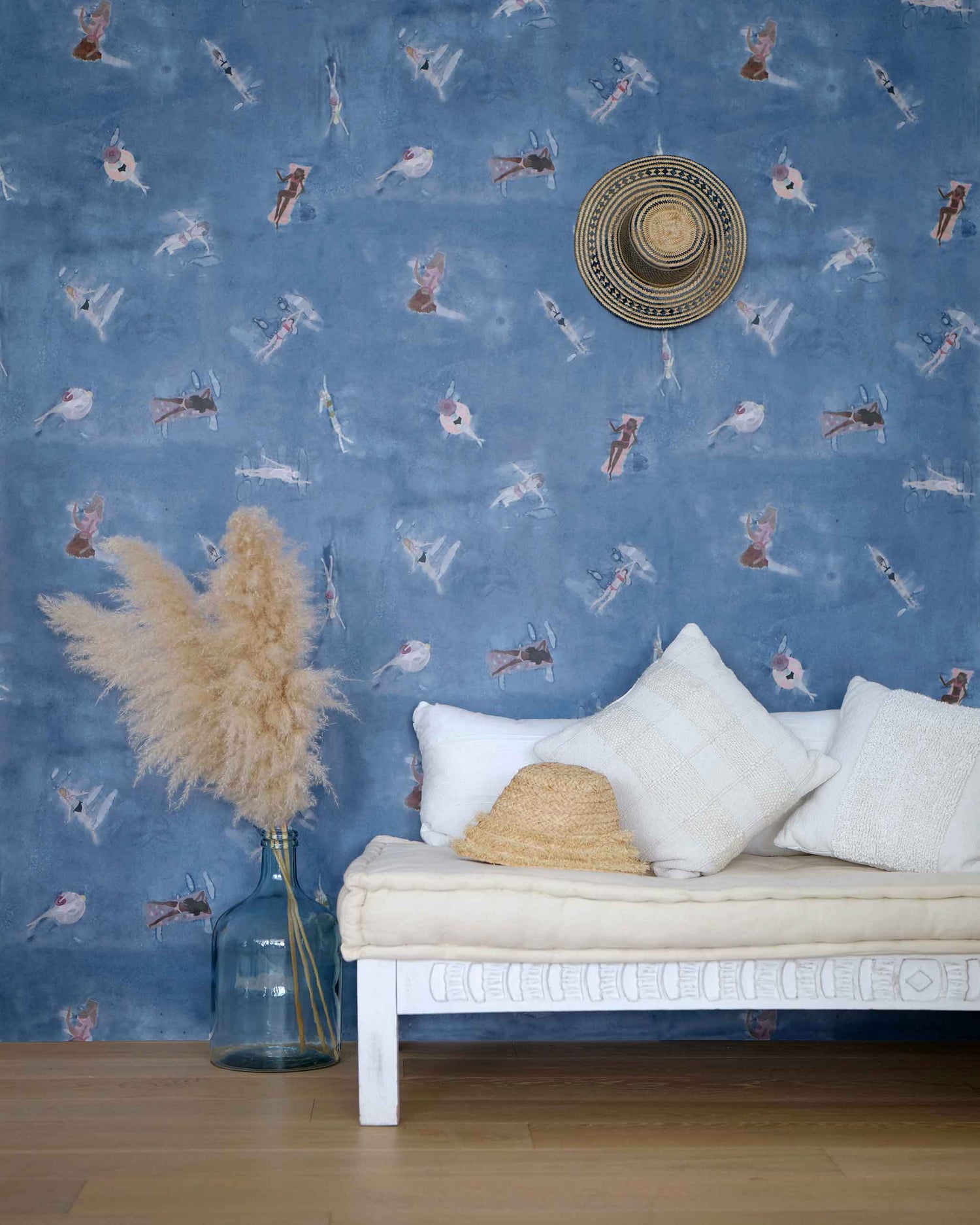 Eskayel's swim lake wallpaper in a navy color installed in a living room.
