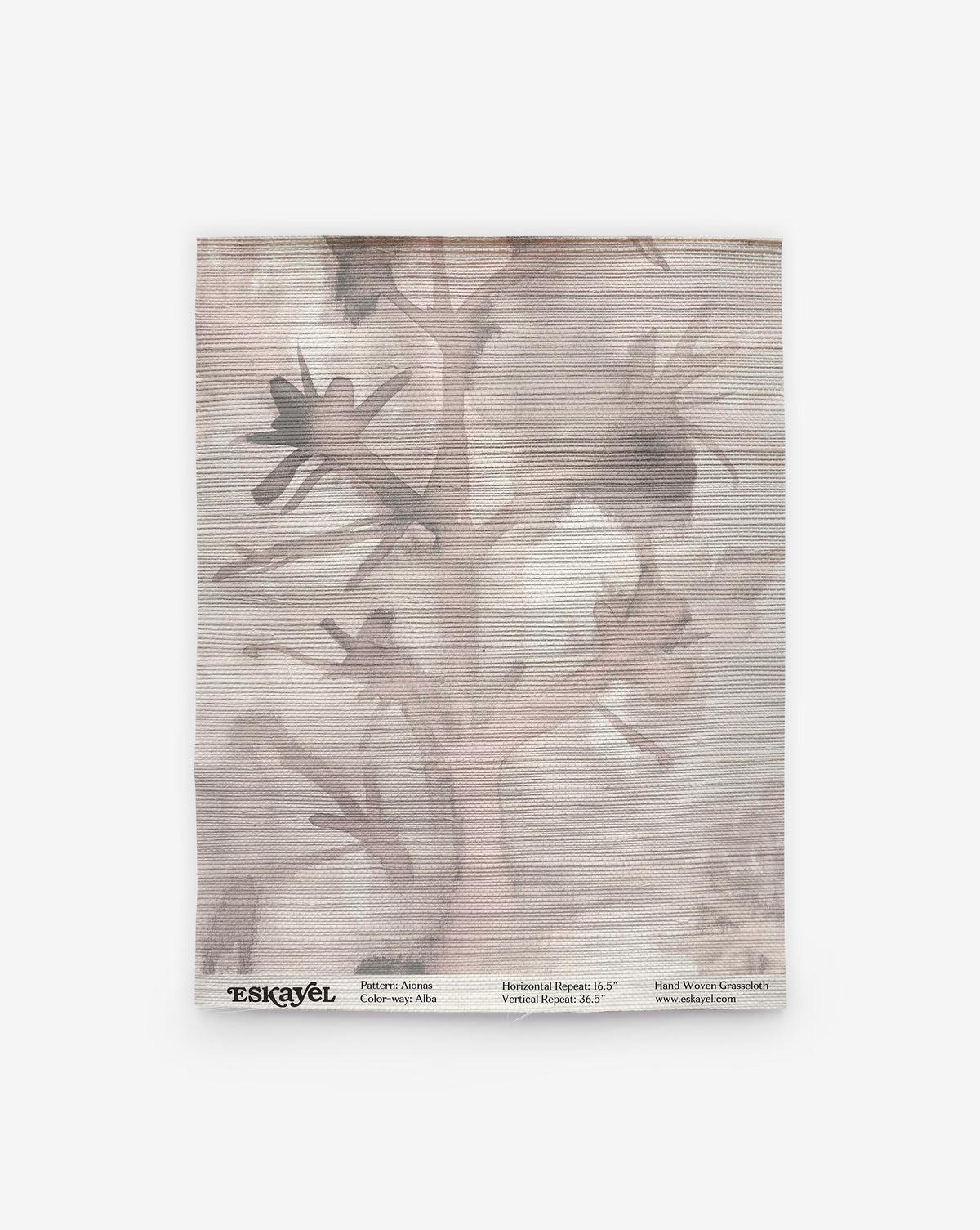 Rectangular Aionas Grasscloth Sample in Alba featuring a muted, abstract pink and grey tree-like pattern with product details in the border.