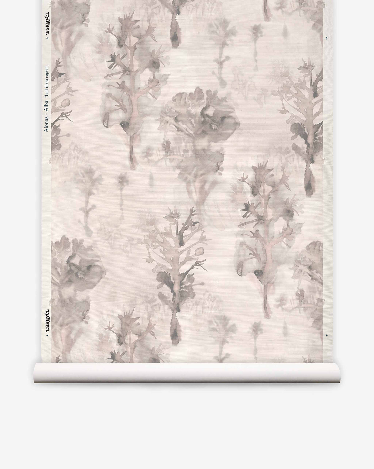 Aionas Grasscloth||Alba wallpaper roll featuring a beige hand-woven sisal grasscloth background with a repeating gray watercolor botanical print of stylized trees and organic-shaped flowers.