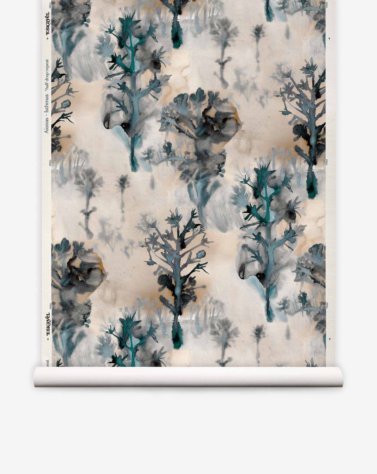 Aionas Grasscloth||Isthmus wallpaper featuring a repeating watercolor pattern of dark green and grey organic shapes on a textured, light-colored grasscloth background.