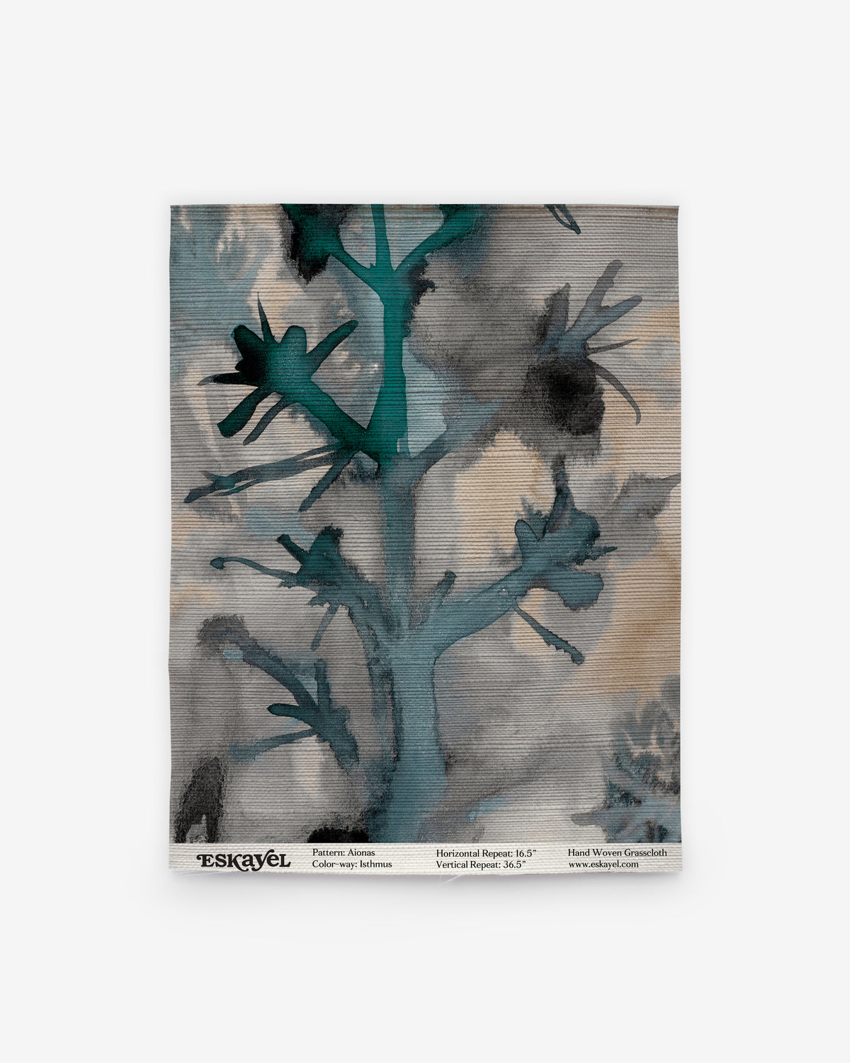 Aionas Grasscloth Sample in Isthmus featuring a dark teal, watercolor-style tree branch pattern against a neutral, mottled background.