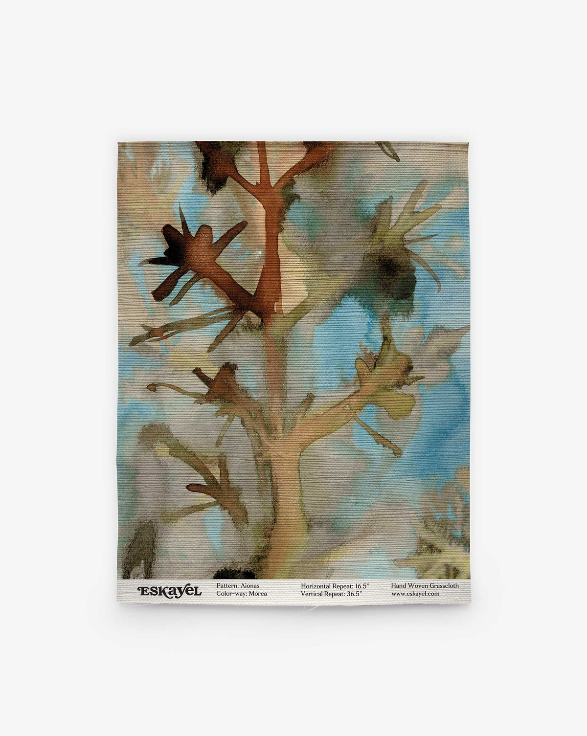 Aionas Grasscloth Sample in Morea featuring a watercolor-style abstract tree design in shades of brown, tan, and blue.