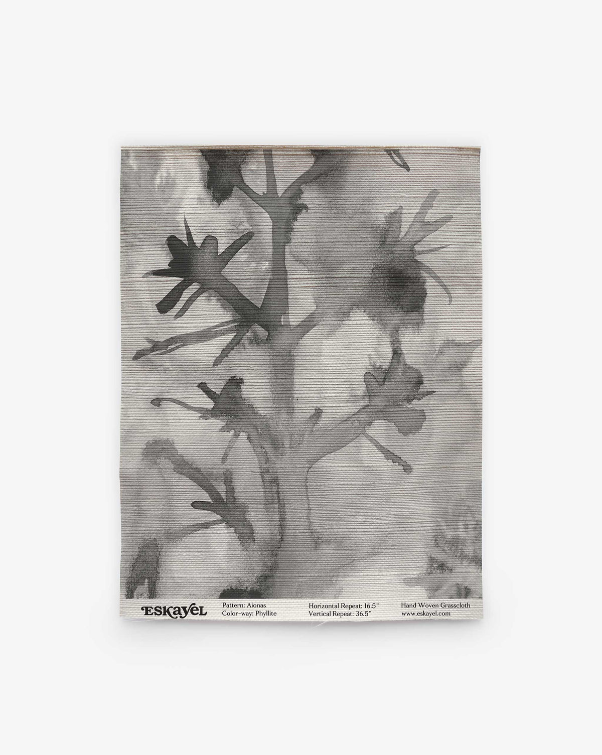 Aionas Grasscloth Sample in Phyllite featuring a dark gray watercolor-style botanical pattern on a light gray textured background.