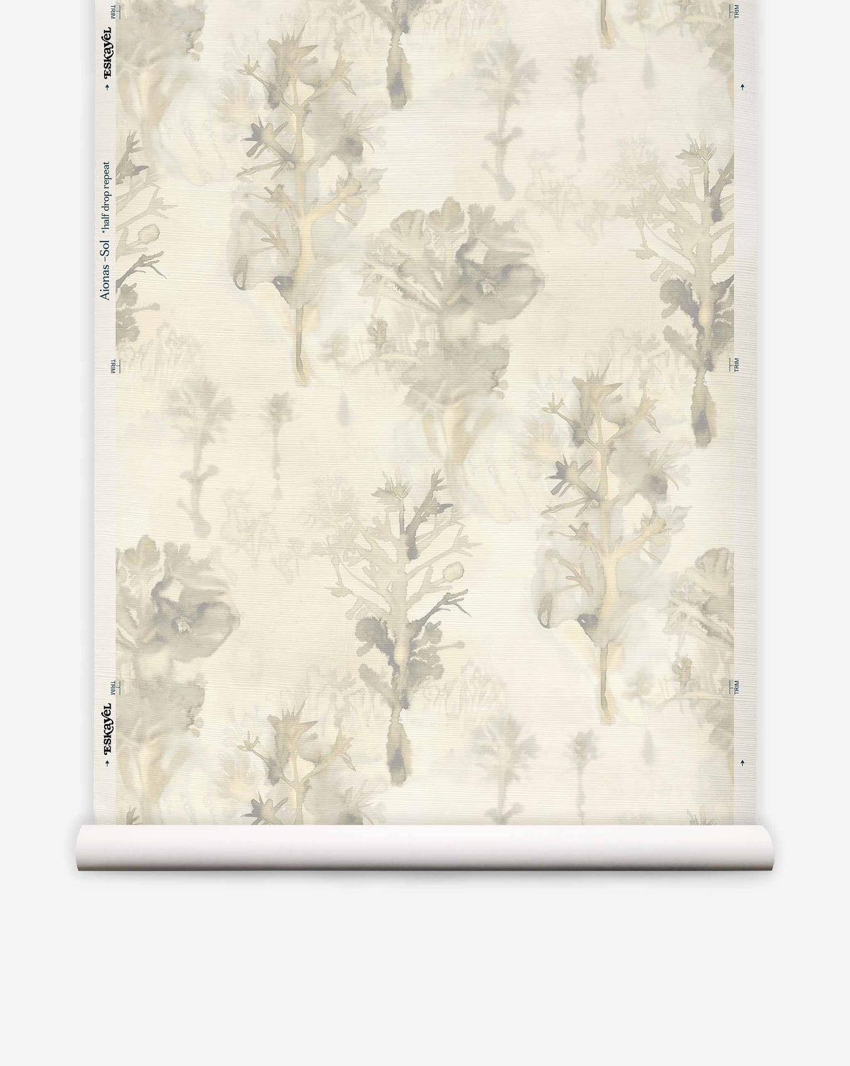 Aionas Grasscloth||Sol wallpaper featuring a watercolor botanical pattern of muted gray and tan trees on textured off-white hand woven sisal grasscloth.