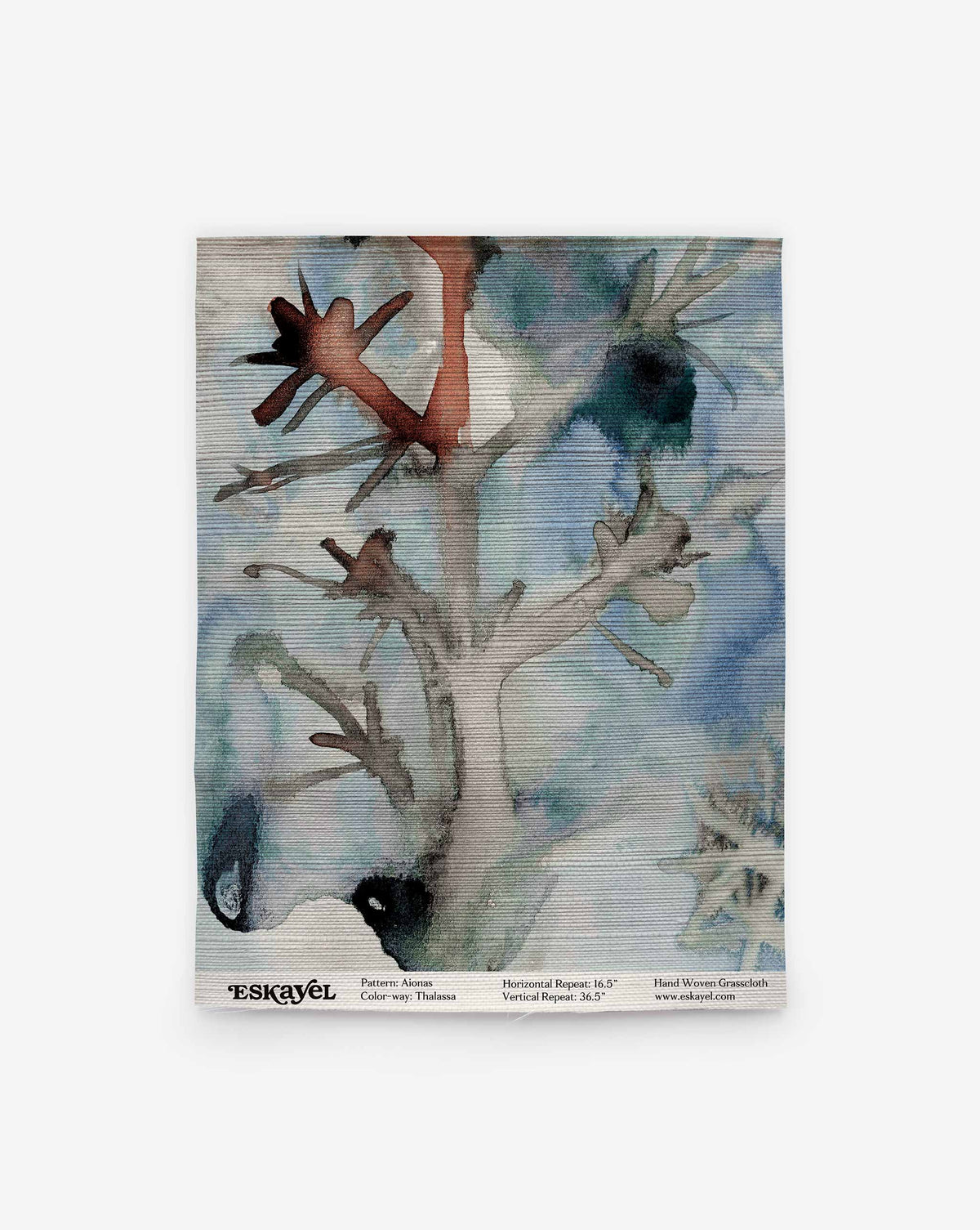 Order a sample of Aionas Grasscloth Sample||Thalassa, a textured wallcovering featuring a watercolor-style illustration of an abstract, branching coral-like form in shades of blue, grey, and rust.