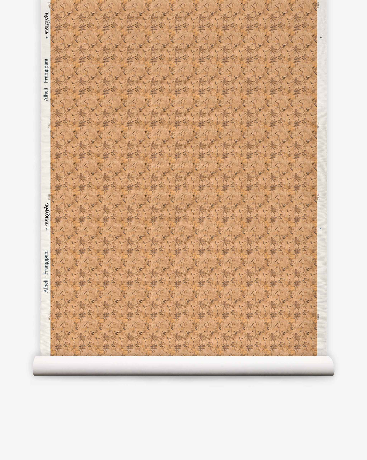 A roll of Alhelí Grasscloth||Frangipani sustainable wallpaper featuring a repeating brown and tan floral pattern with a textured appearance.