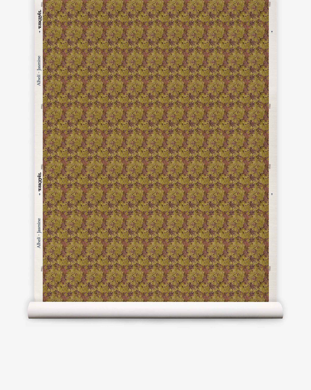 A roll of Alhelí Grasscloth||Jasmine wallpaper featuring an all-over pattern of small, overlapping flower-shaped leaves in shades of olive green, yellow, and reddish-brown.